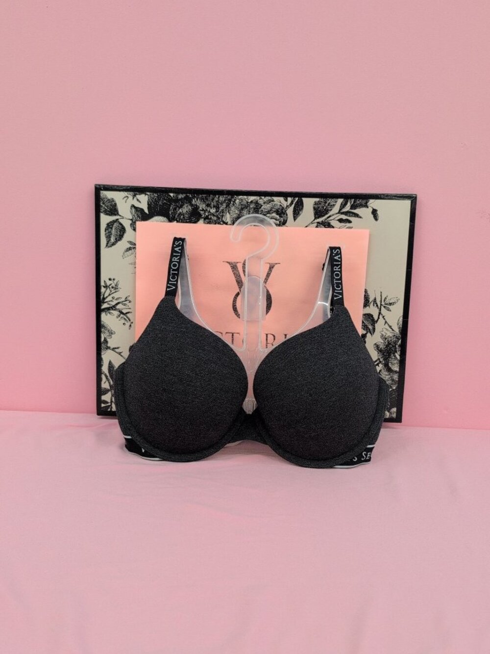 Victoria Secret Cotton Logo Perfect Shape Underwire PushUp Bra 34D Heather Black